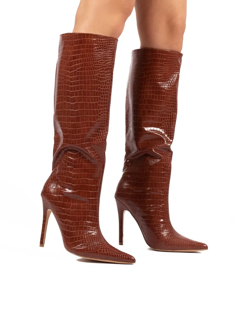 Define Tan Croc Stiletto Heeled Boots sold by Public Desire product image thumbnail 4