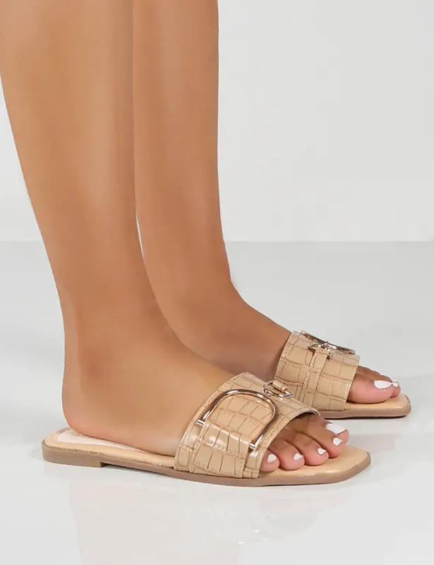 Adriana Beige Croc Gold Buckle Detail Flat Sandals sold by Public Desire