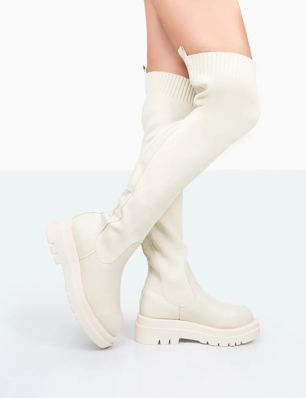 New-Me Ecru Pu and Knit Over The Knee Chunky Sole Sock Fit Boots sold by Public Desire