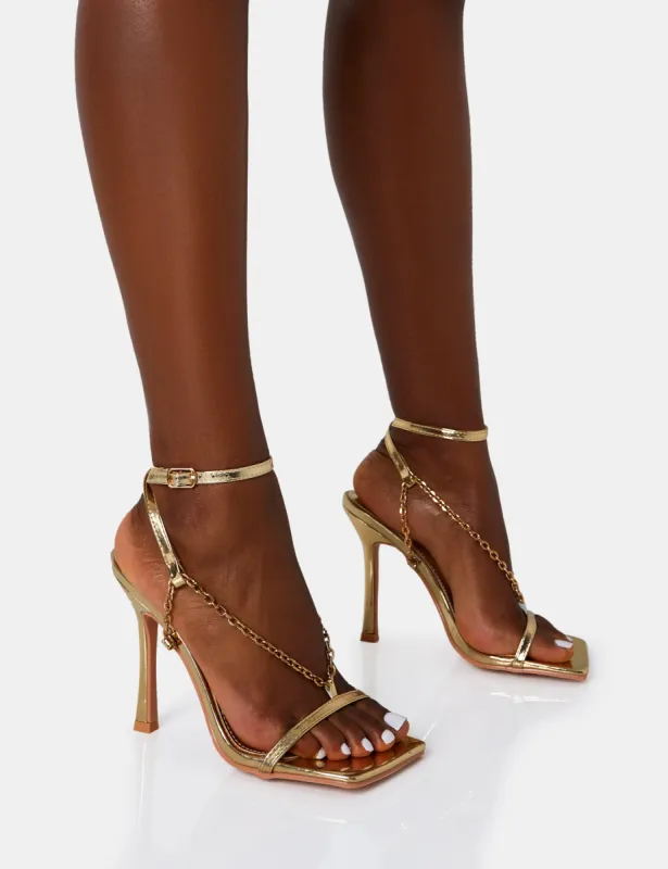 Catwalk Gold Pu Chain Strappy Square Toe Stiletto Heels sold by Public Desire