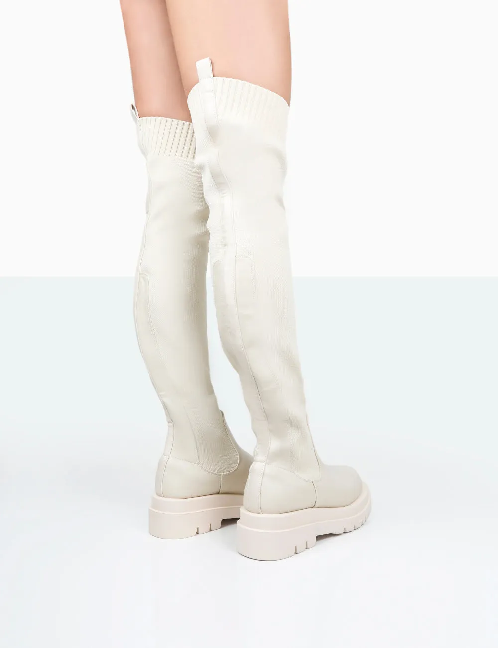 New-Me Ecru Pu and Knit Over The Knee Chunky Sole Sock Fit Boots sold by Public Desire product image thumbnail 4