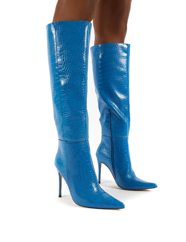 Aimi Blue Croc Knee High Stiletto Heel Boots sold by Public Desire