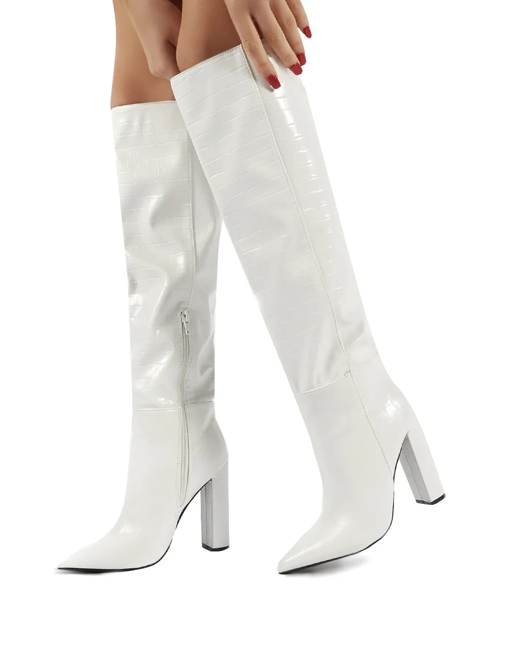 Indigo White Croc Block Heeled Knee High Boots sold by Public Desire product image thumbnail 4