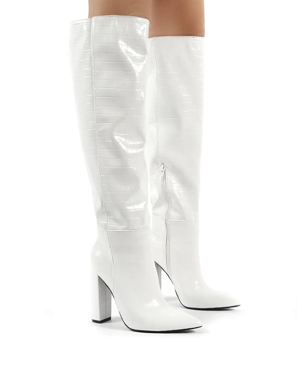 Indigo White Croc Block Heeled Knee High Boots sold by Public Desire