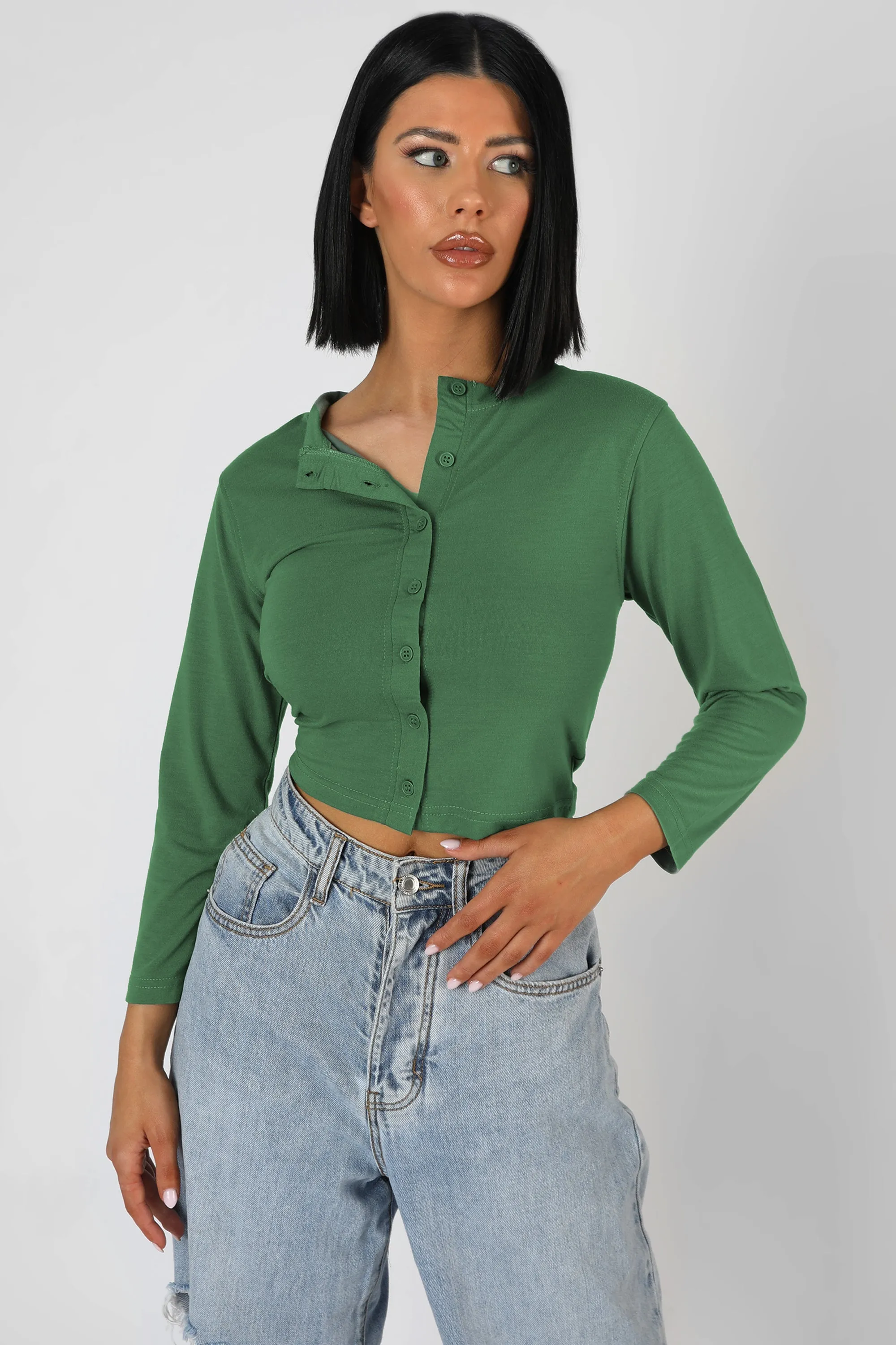Button Front Long Sleeve Crop Top Khaki sold by Public Desire product image thumbnail 2