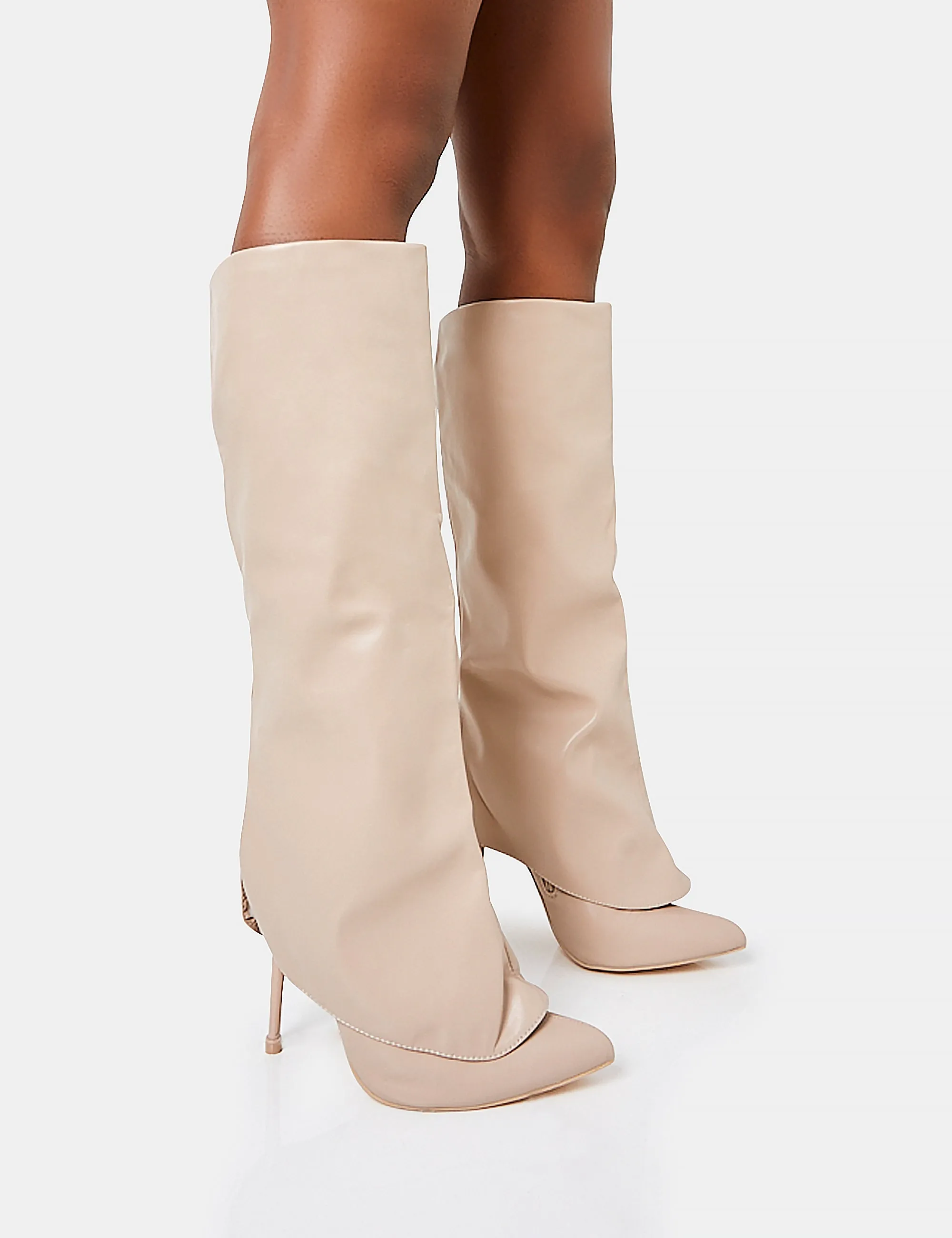 All Yours Nude Pu Fold Over Pointed Toe Stiletto Knee High Boots sold by Public Desire