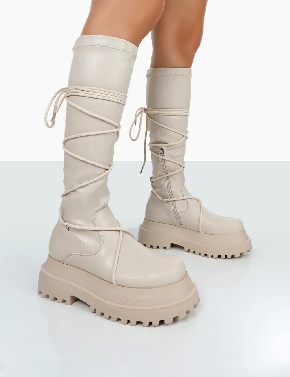 Hype Ecru Pu Lace up Chunky Sole Knee High Boots sold by Public Desire