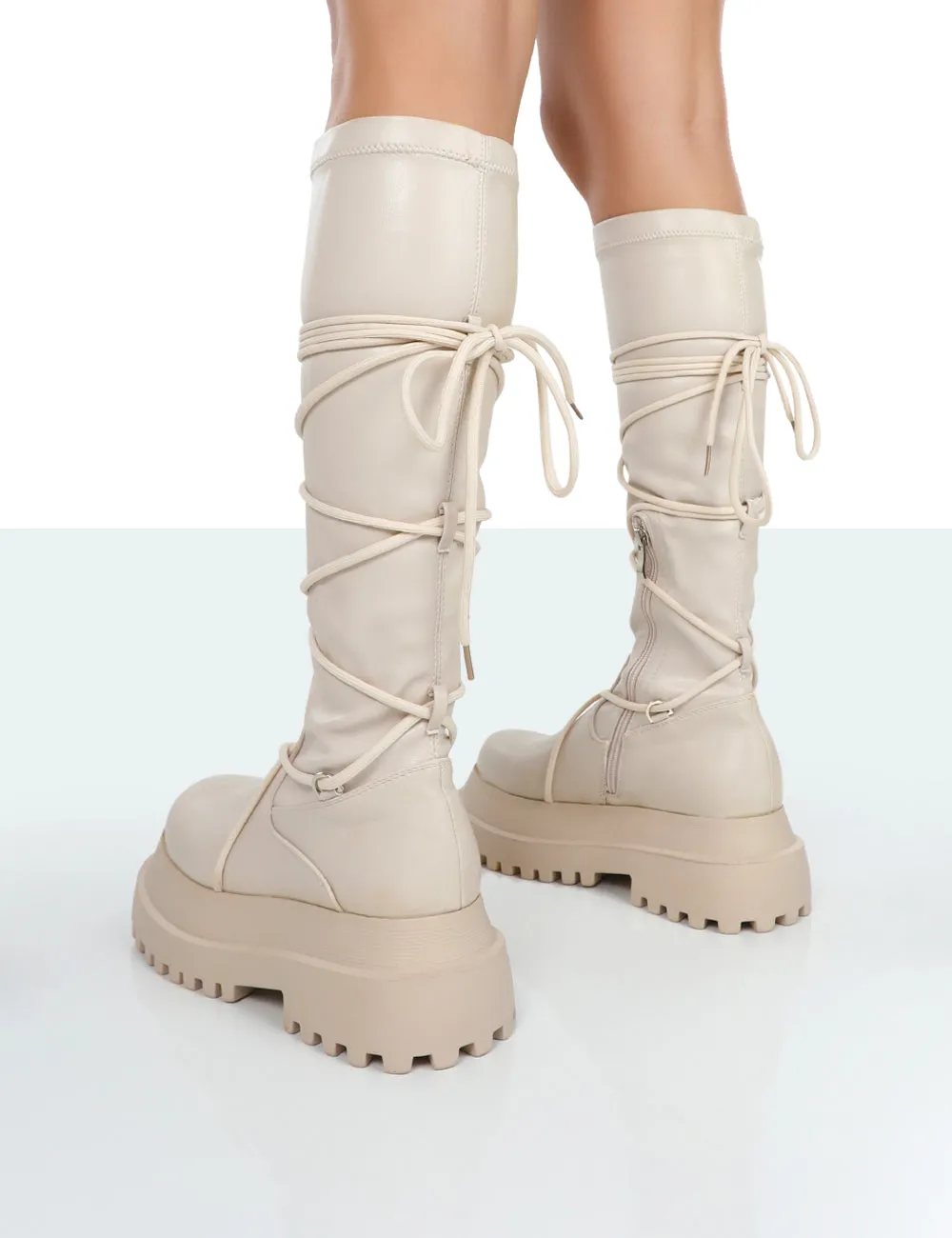 Hype Ecru Pu Lace up Chunky Sole Knee High Boots sold by Public Desire product image thumbnail 2