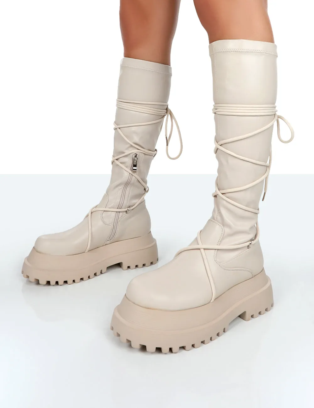Hype Ecru Pu Lace up Chunky Sole Knee High Boots sold by Public Desire product image thumbnail 3