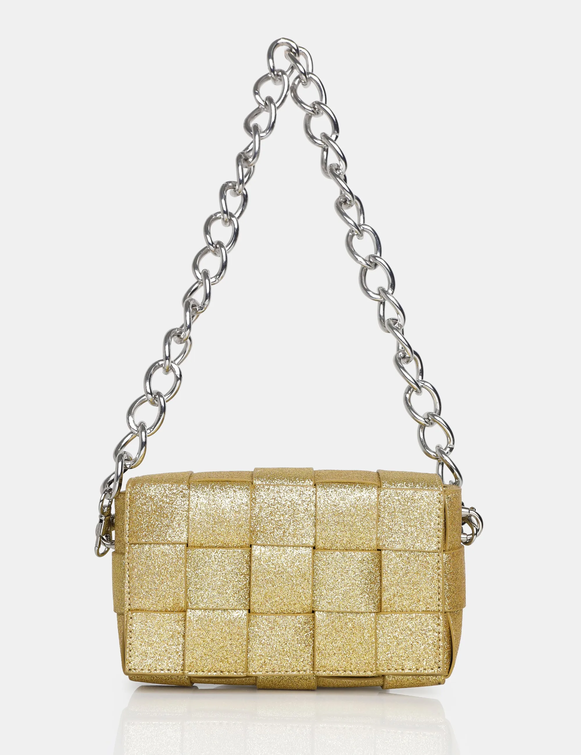 The Mayan Champagne Glitter Weave Gold Chain Detail Shoulder Bag sold by Public Desire