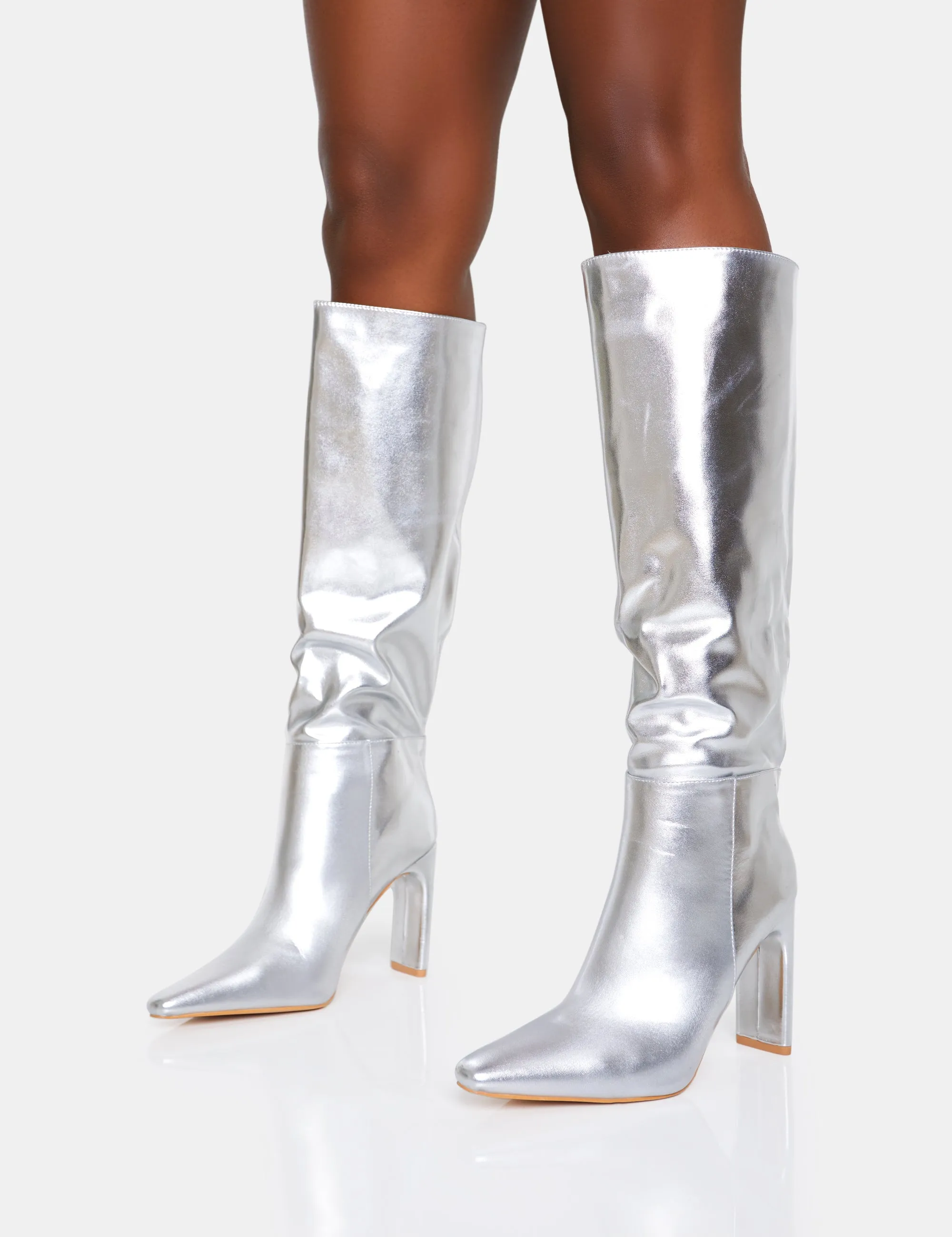 Undone Silver Pu Knee High Zip Up Pointed Toe Thin Block Heeled Boots sold by Public Desire product image thumbnail 3