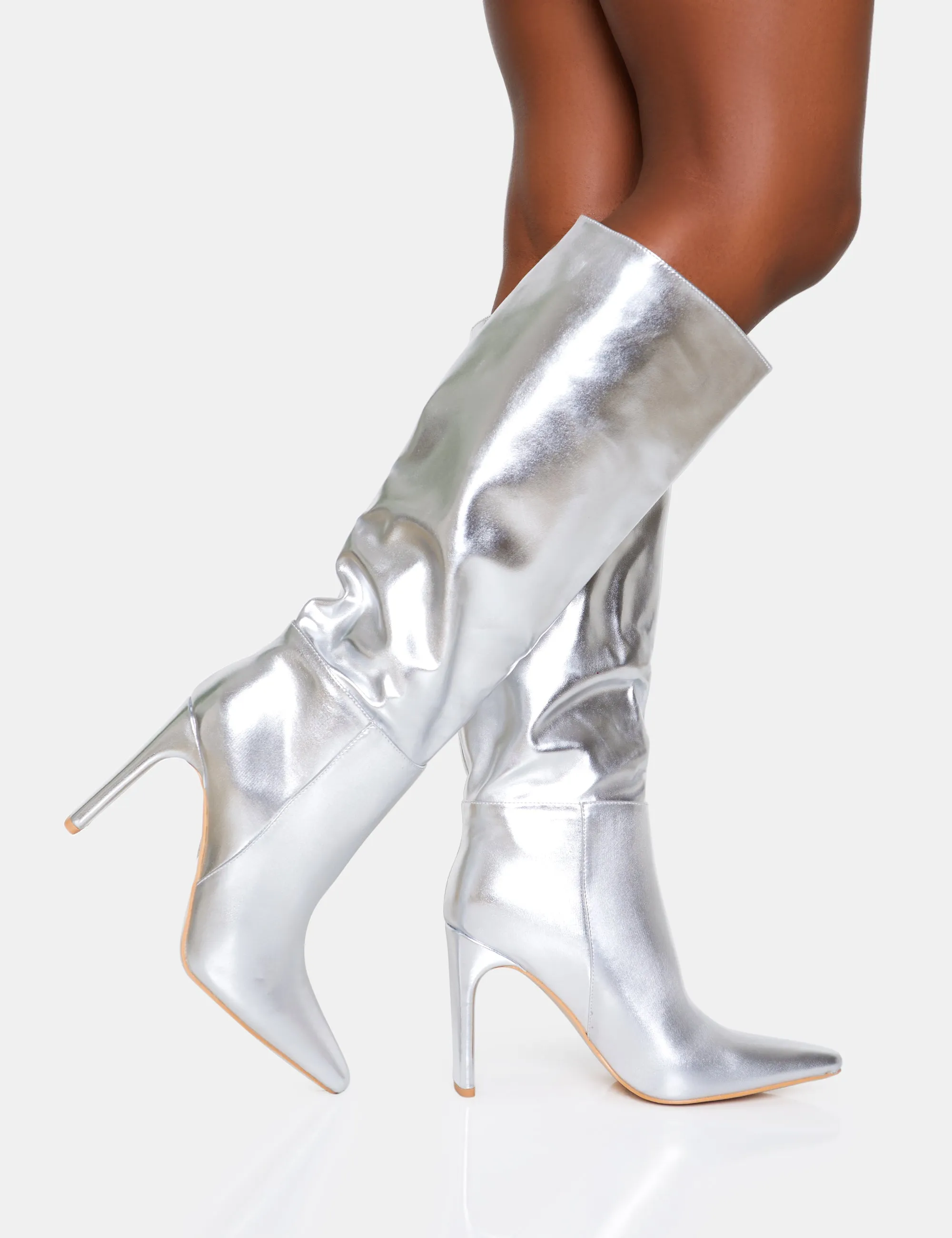 Undone Silver Pu Knee High Zip Up Pointed Toe Thin Block Heeled Boots sold by Public Desire product image thumbnail 2