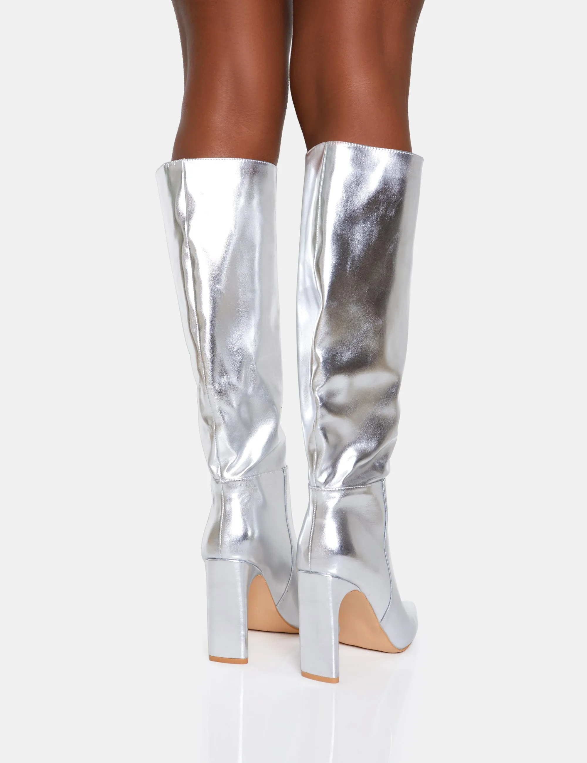 Undone Silver Pu Knee High Zip Up Pointed Toe Thin Block Heeled Boots sold by Public Desire product image thumbnail 4
