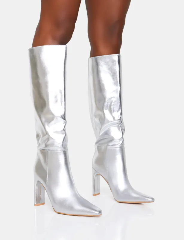 Undone Silver Pu Knee High Zip Up Pointed Toe Thin Block Heeled Boots sold by Public Desire