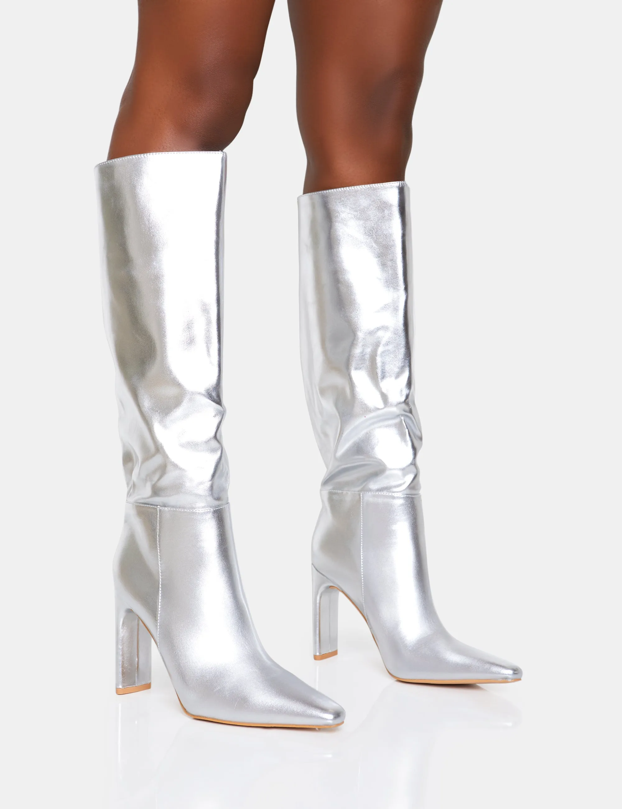 Undone Silver Pu Knee High Zip Up Pointed Toe Thin Block Heeled Boots sold by Public Desire