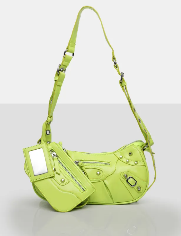 The Trackstar Lime Green Pu Studded Mirror Zip Detail Handbag sold by Public Desire