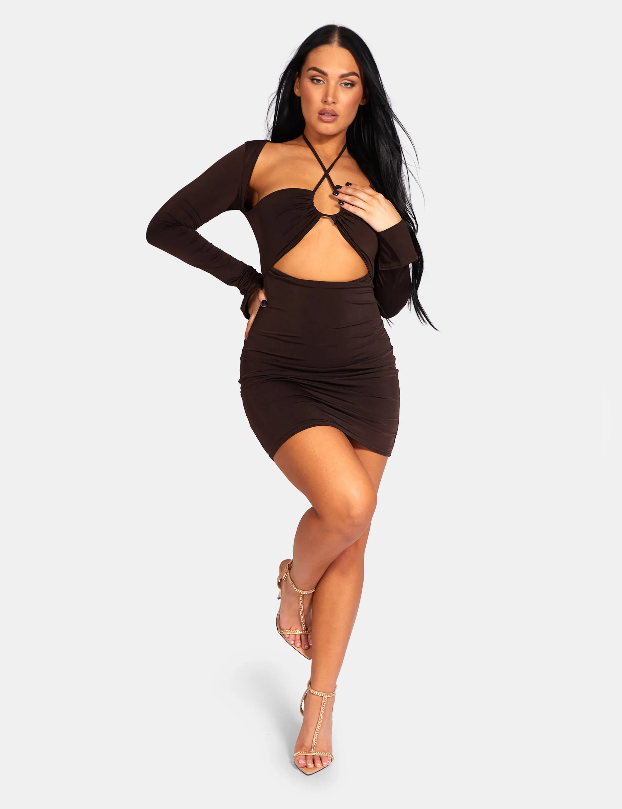 Slinky Ruch Bust Cut Out Long Sleeved Dress Chocolate sold by Public Desire