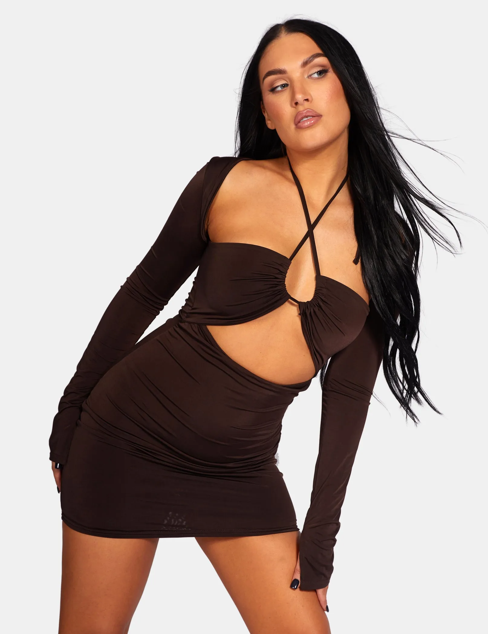 Slinky Ruch Bust Cut Out Long Sleeved Dress Chocolate sold by Public Desire product image thumbnail 3