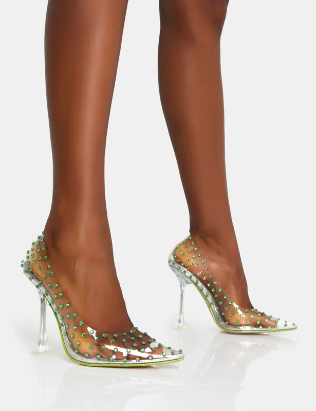 Fancy Lime Diamante Court Clear Perspex Pointed Toe Stiletto Heels sold by Public Desire