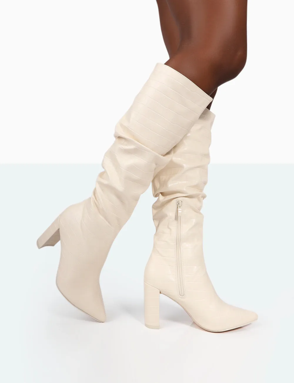 Mine Ecru Croc Pointed Toe Block Heeled Knee High Boots sold by Public Desire