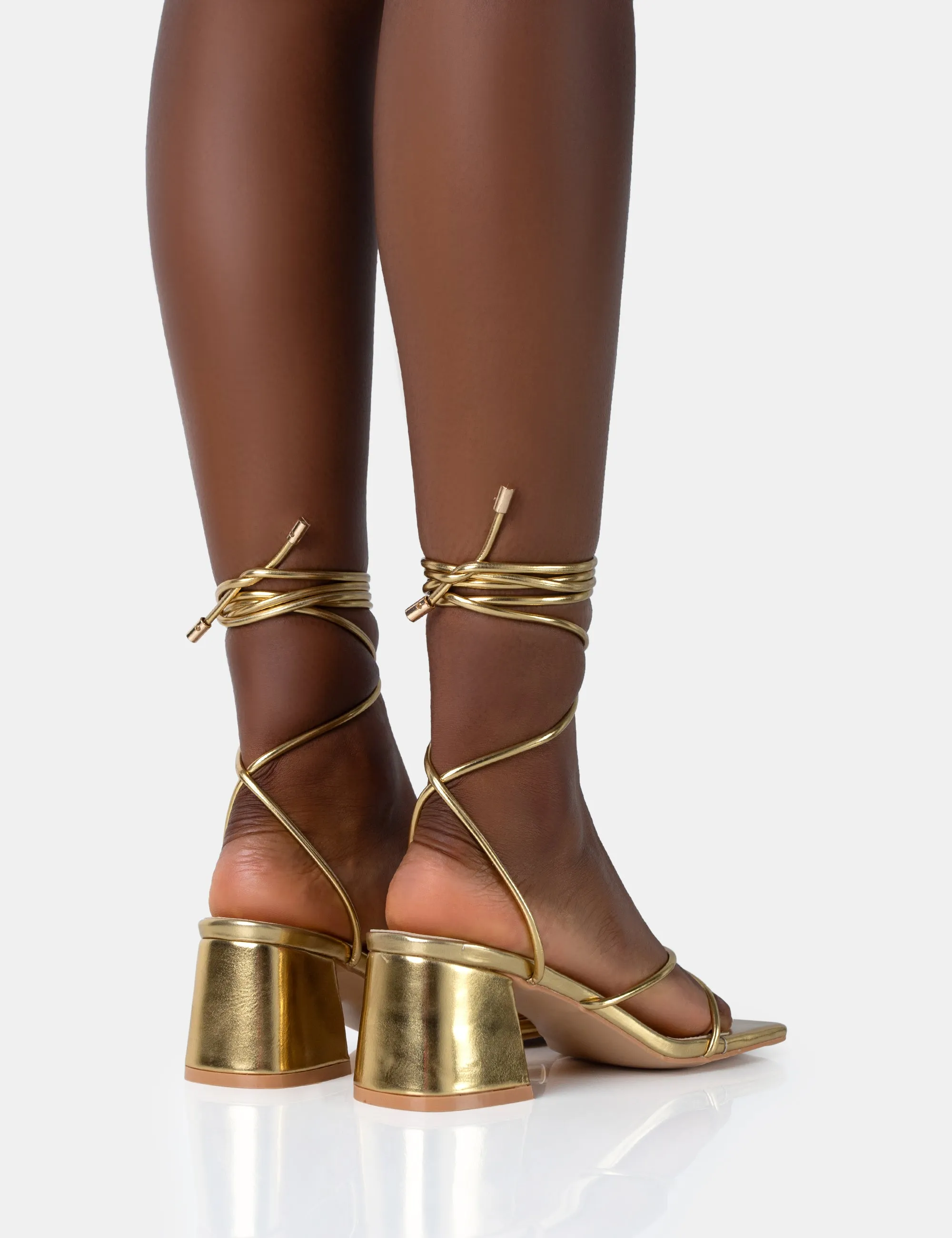 Aerin Gold Pu Lace up Strappy Square Toe Block Mid Heels sold by Public Desire product image thumbnail 4