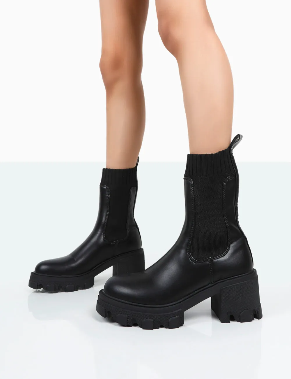 Everdeen Black PU And Knit Chunky Heeled Platform Sock Ankle Boots sold by Public Desire product image thumbnail 3
