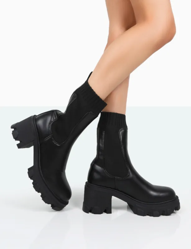 Everdeen Black PU And Knit Chunky Heeled Platform Sock Ankle Boots sold by Public Desire