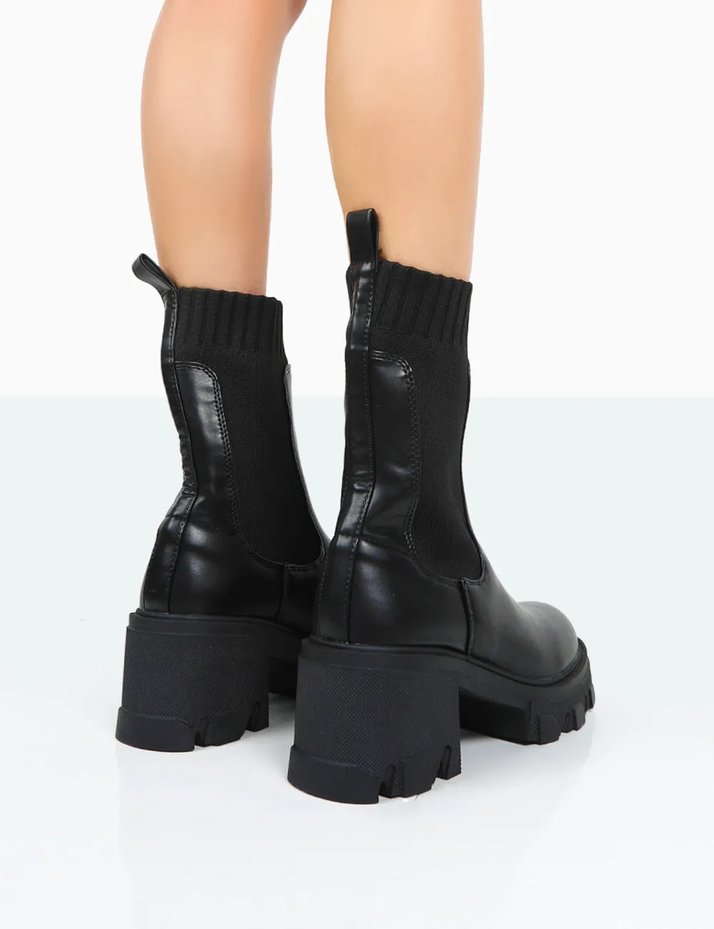 Everdeen Black PU And Knit Chunky Heeled Platform Sock Ankle Boots sold by Public Desire product image thumbnail 4