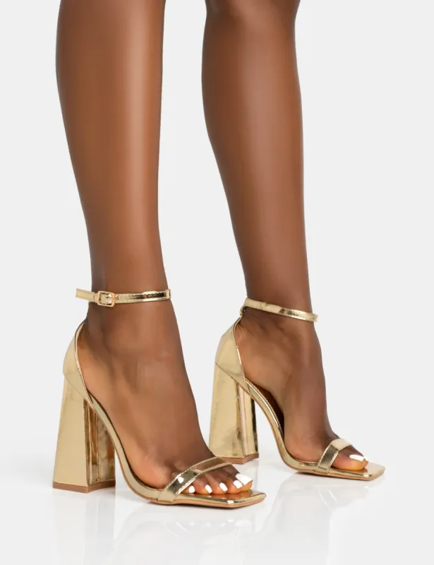Geri Gold PU Barely There Square Toe Block Heels sold by Public Desire