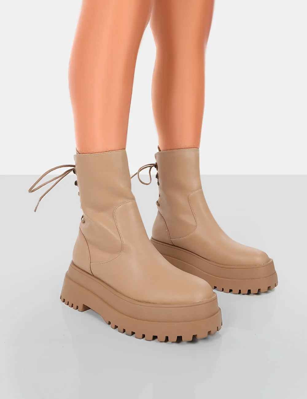 Noelle Camel Platform Chunky Sole Lace Up Detail Ankle Boots sold by Public Desire