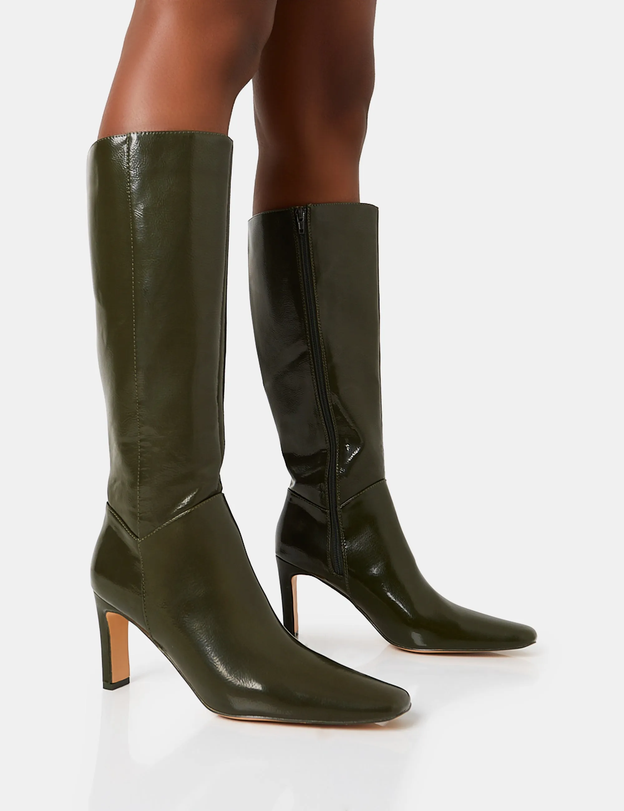 Pose Olive Textured Patent Pu Zip Up Knee High Slim Block Heeled Boots sold by Public Desire