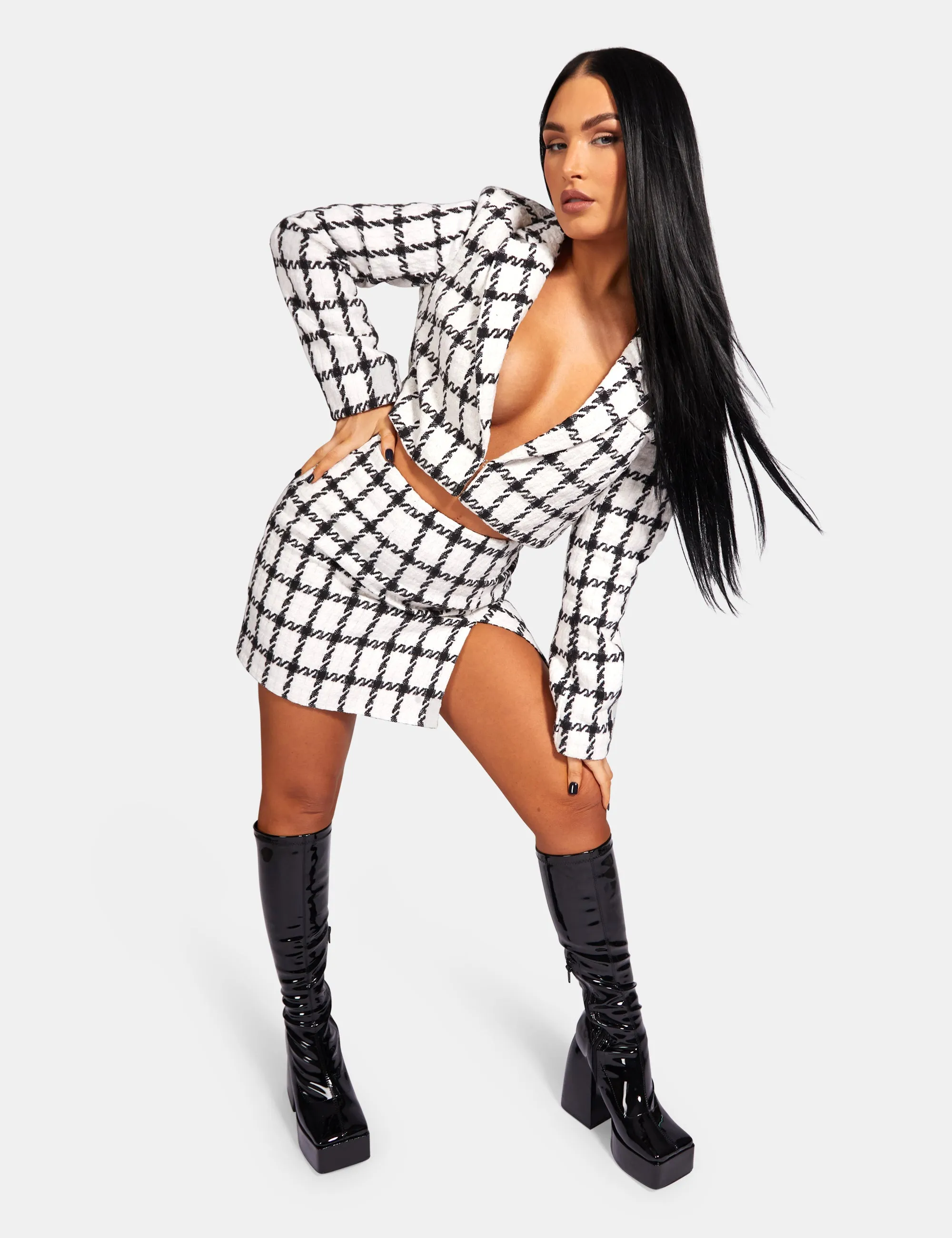 MONOCHROME TEXTURED CHECK CROPPED BLAZER IVORY sold by Public Desire