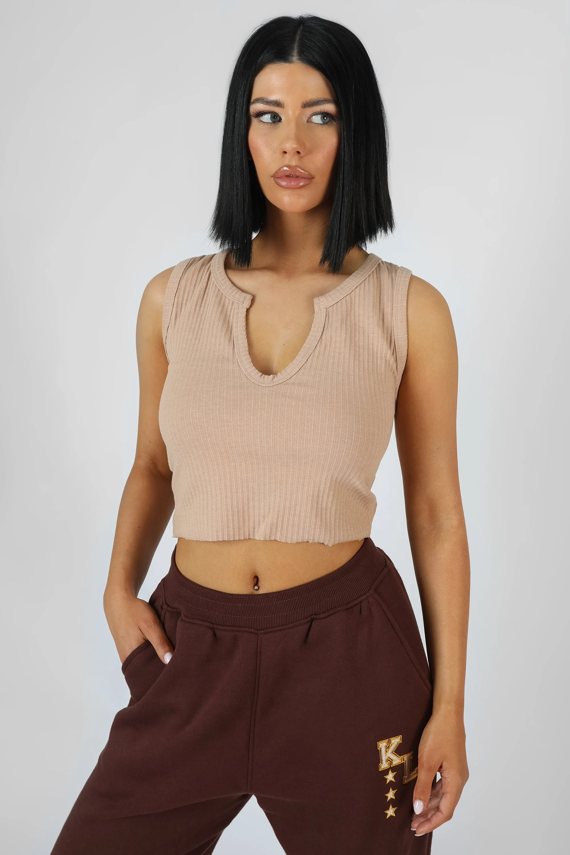 V Neck Sleeveless Ribbed Crop Top Camel sold by Public Desire product image thumbnail 2