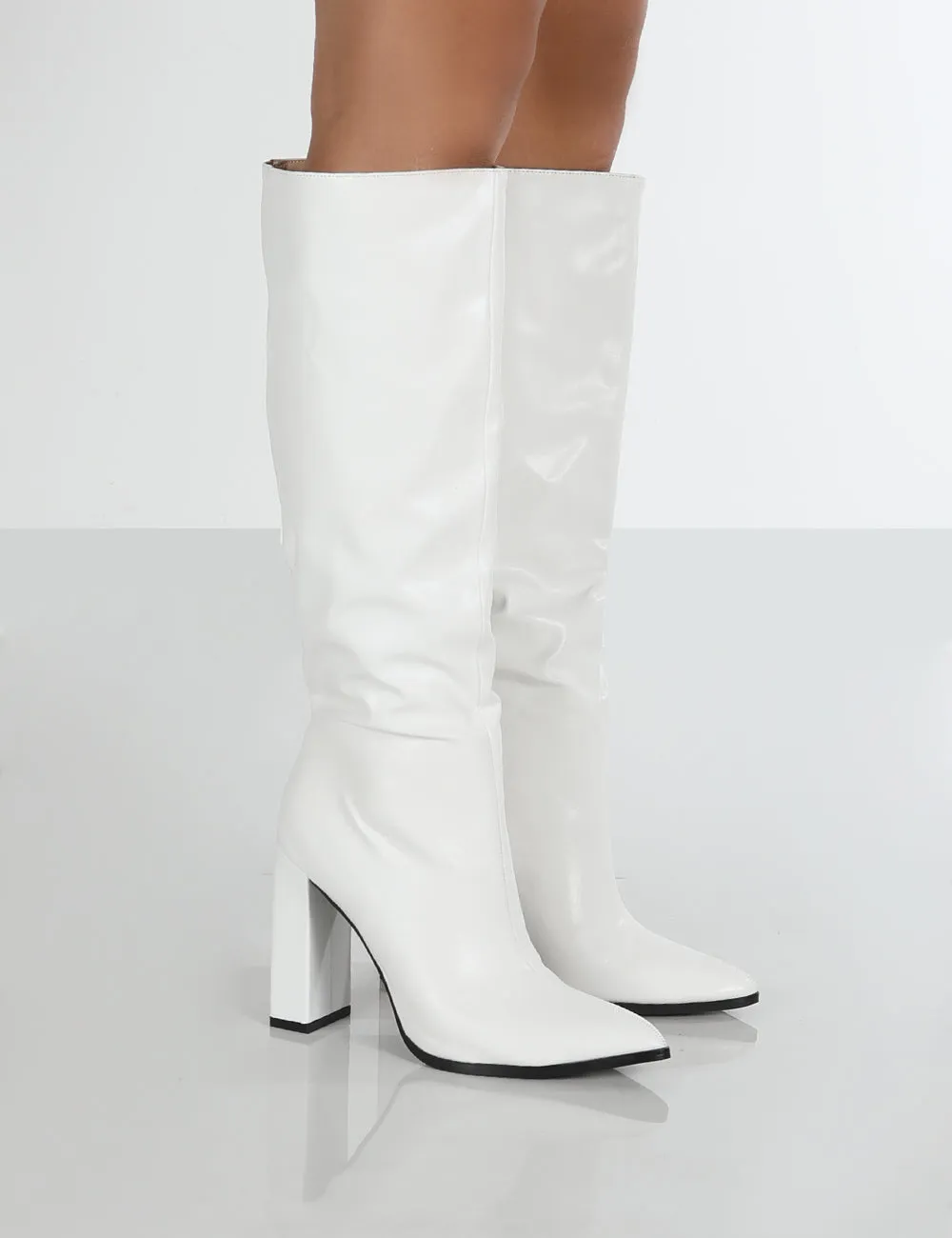 Posie Wide Fit White Pu Knee High Block Heel Boots sold by Public Desire