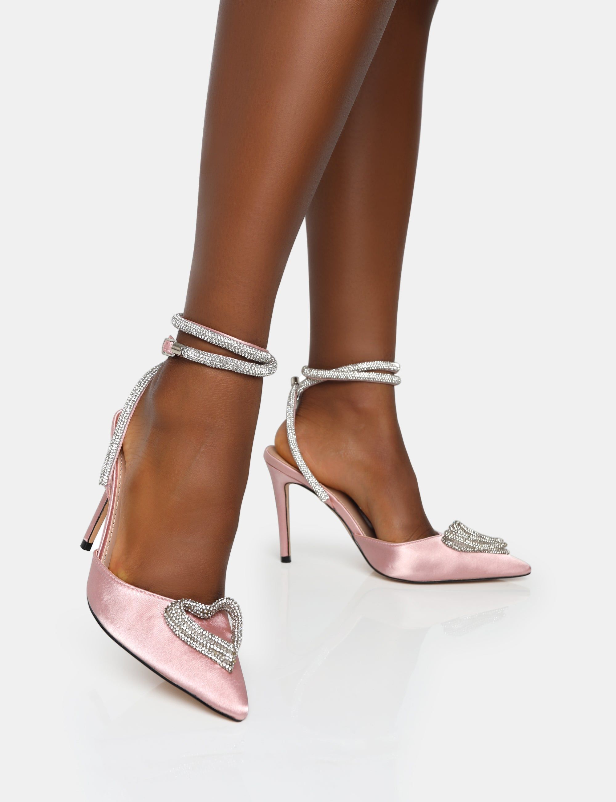 Cupid Baby Pink Satin Diamante Wrap Around Pointed Stiletto Heels sold by Public Desire