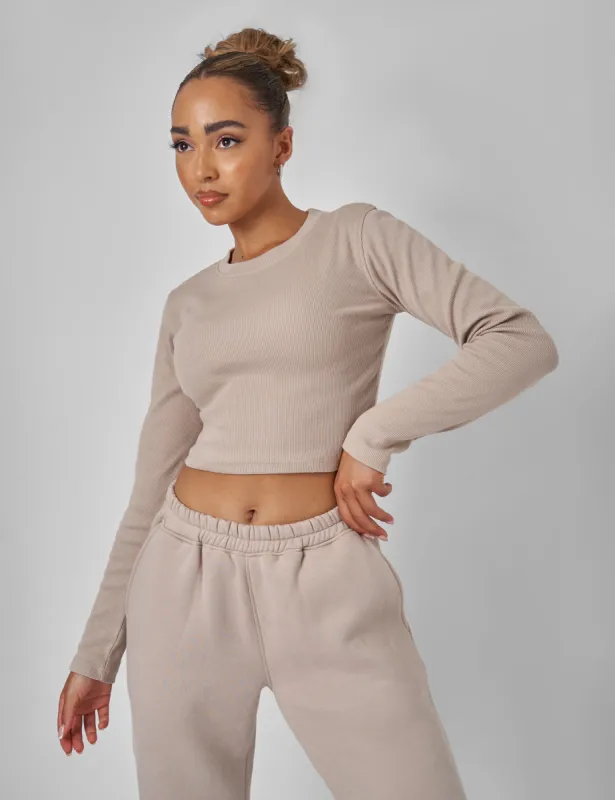 Long Sleeve Ribbed Top Stone sold by Public Desire