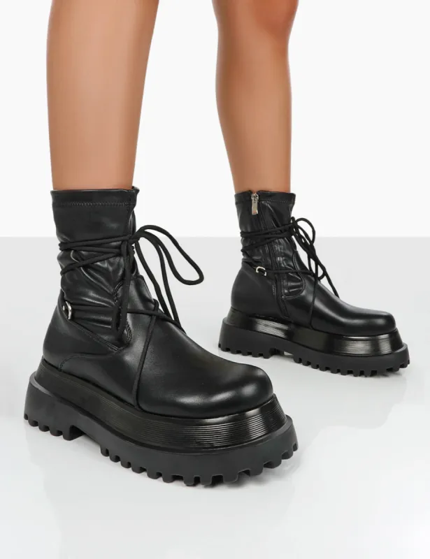 Klance Black Pu Chunky Sole Wrap Ankle Boots sold by Public Desire