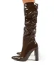 Yours Chocolate Patent Heeled Knee High Block Boots sold by Public Desire