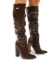 Yours Chocolate Patent Heeled Knee High Block Boots sold by Public Desire
