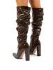 Yours Chocolate Patent Heeled Knee High Block Boots sold by Public Desire