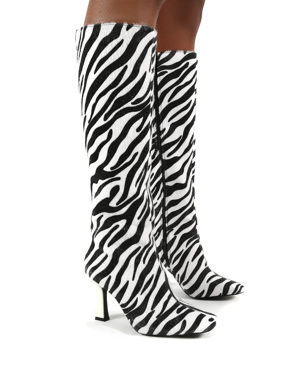 Repeat Zebra Heeled Knee High Boots sold by Public Desire