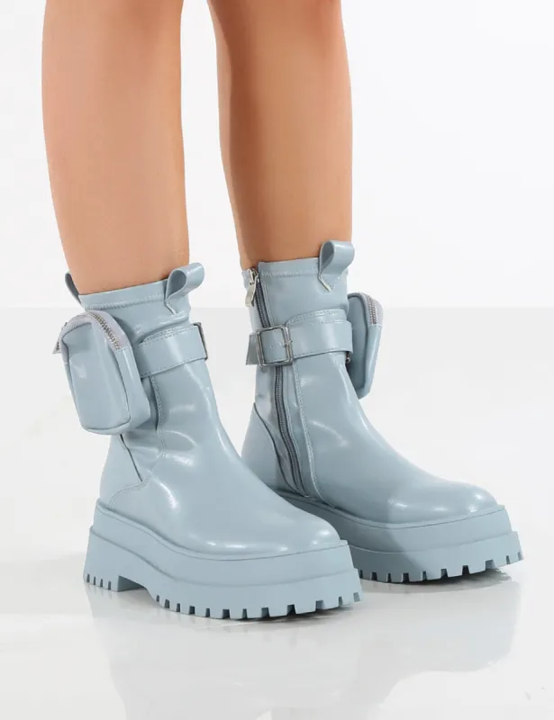 Amber x Public Desire Thought PU Blue Pocket Chunky Sole Ankle Boot sold by Public Desire