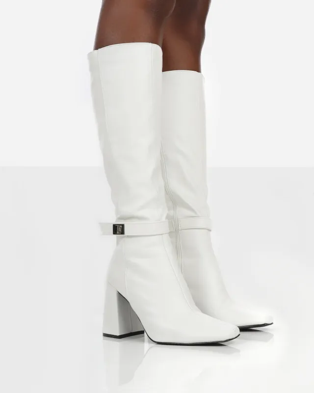 Apologetic White Pu Knee High Block Heel Boots sold by Public Desire