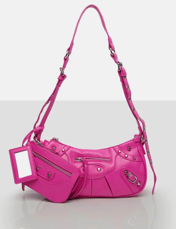 The Trackstar Bright Pink Pu Studded Mirror Zip Detail Handbag sold by Public Desire