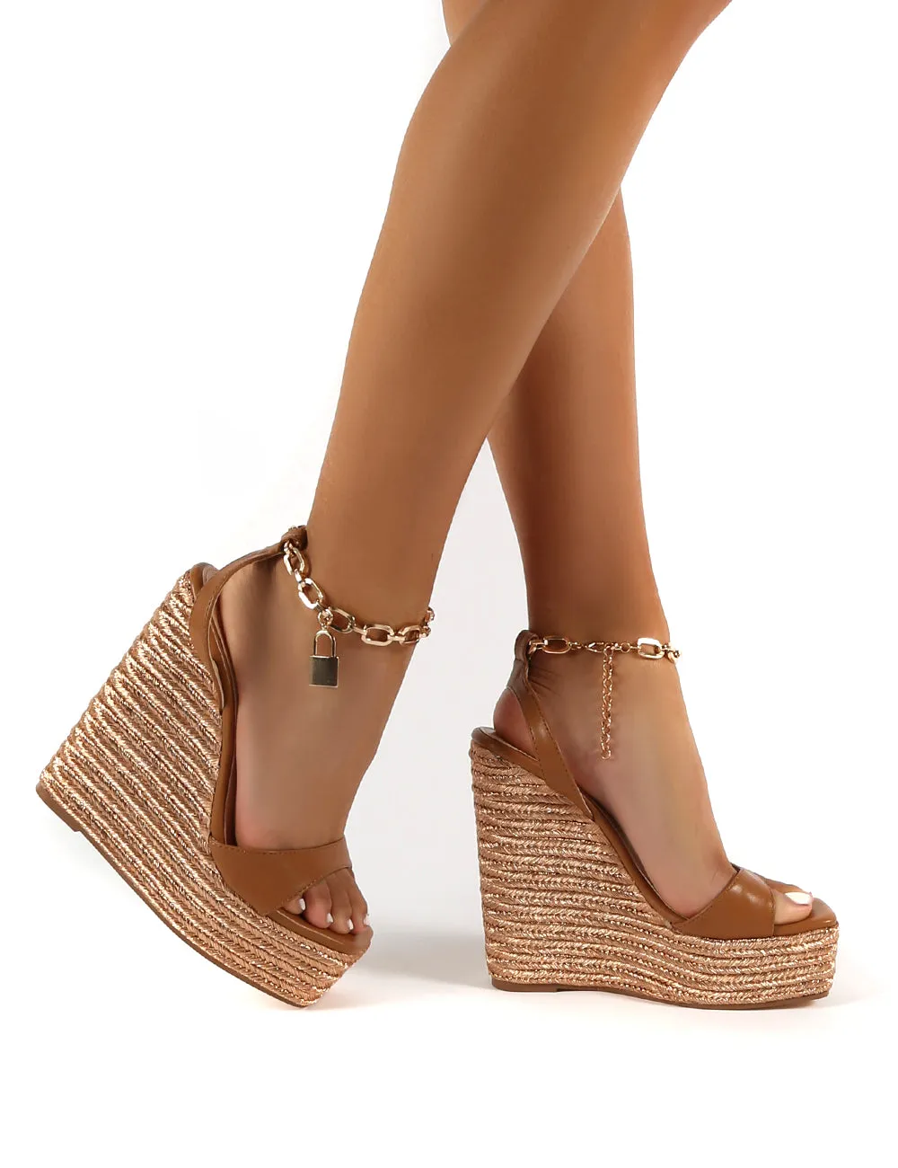 Idolize Wide Fit Tan Padlock And Chain Detail Wedged Heels sold by Public Desire product image thumbnail 4