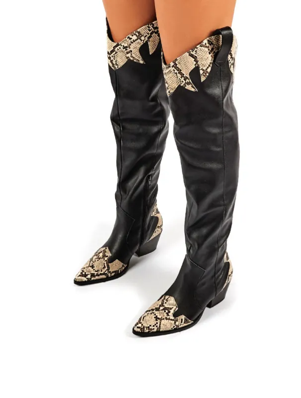 Lasso Black Western BlockHeeled Knee High Boot with Mock Croc sold by Public Desire