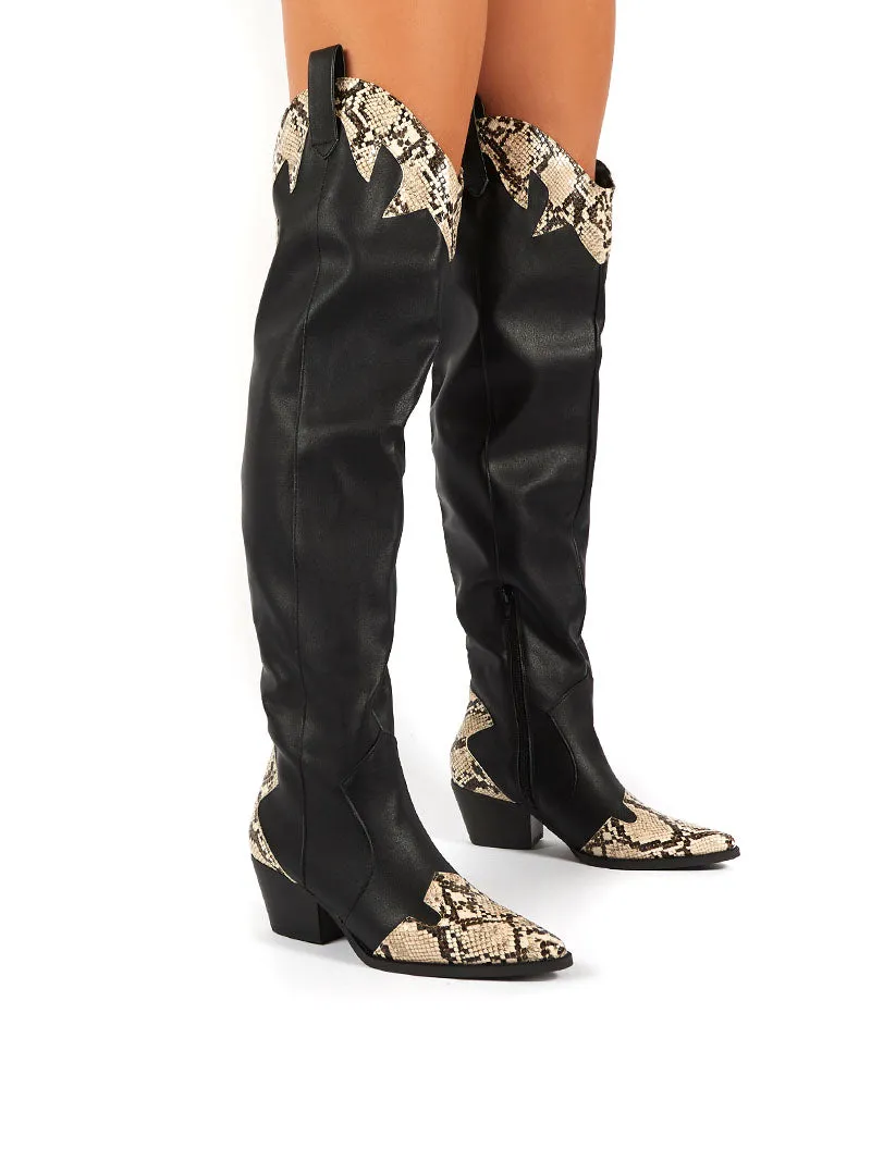 Lasso Black Western BlockHeeled Knee High Boot with Mock Croc sold by Public Desire product image thumbnail 3