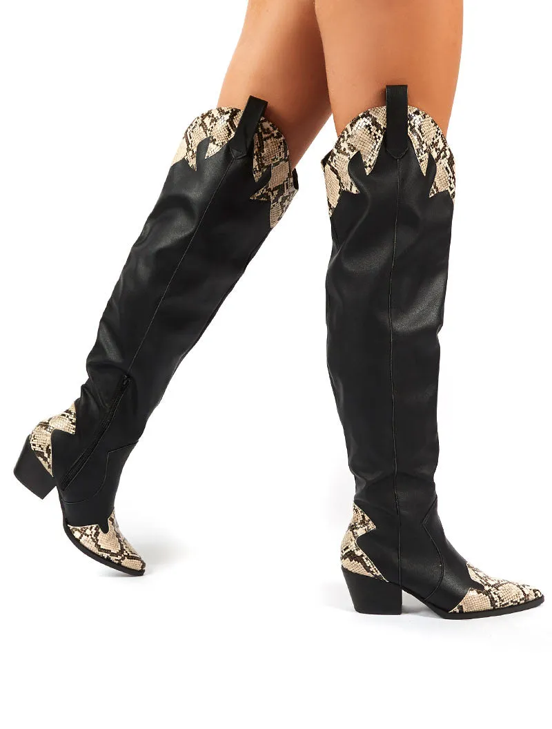 Lasso Black Western BlockHeeled Knee High Boot with Mock Croc sold by Public Desire product image thumbnail 4