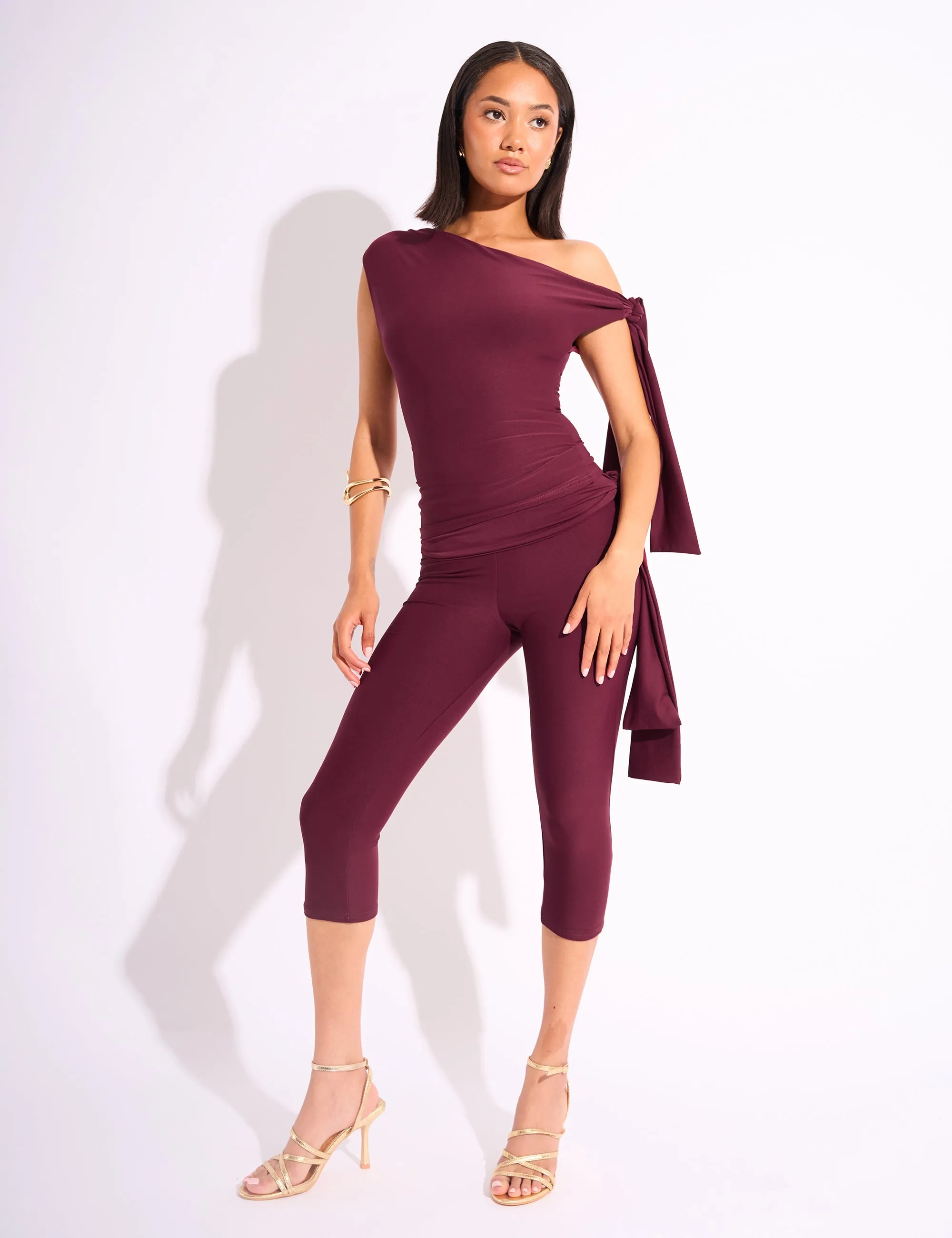 Knot Detail Tie Side Luxe Slinky Capri Pants Burgundy sold by Public Desire