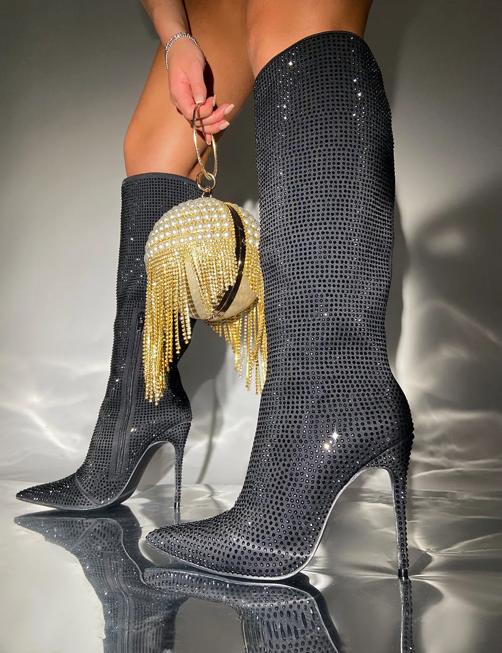 Lexi Black Diamantes Pointed Toe Stiletto Knee High Boots sold by Public Desire